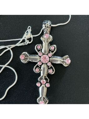 Sterling Silver Cross Pendant Necklace with Pink Accent crystals